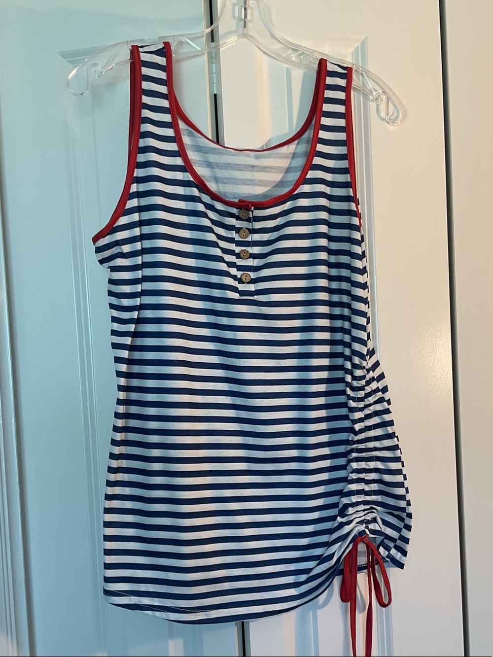 Blue & White Striped Tank Top with Red Trim